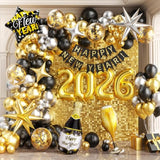 New Year 2026 Balloon Arch Black Gold Silver Confetti Number Balloons Banner