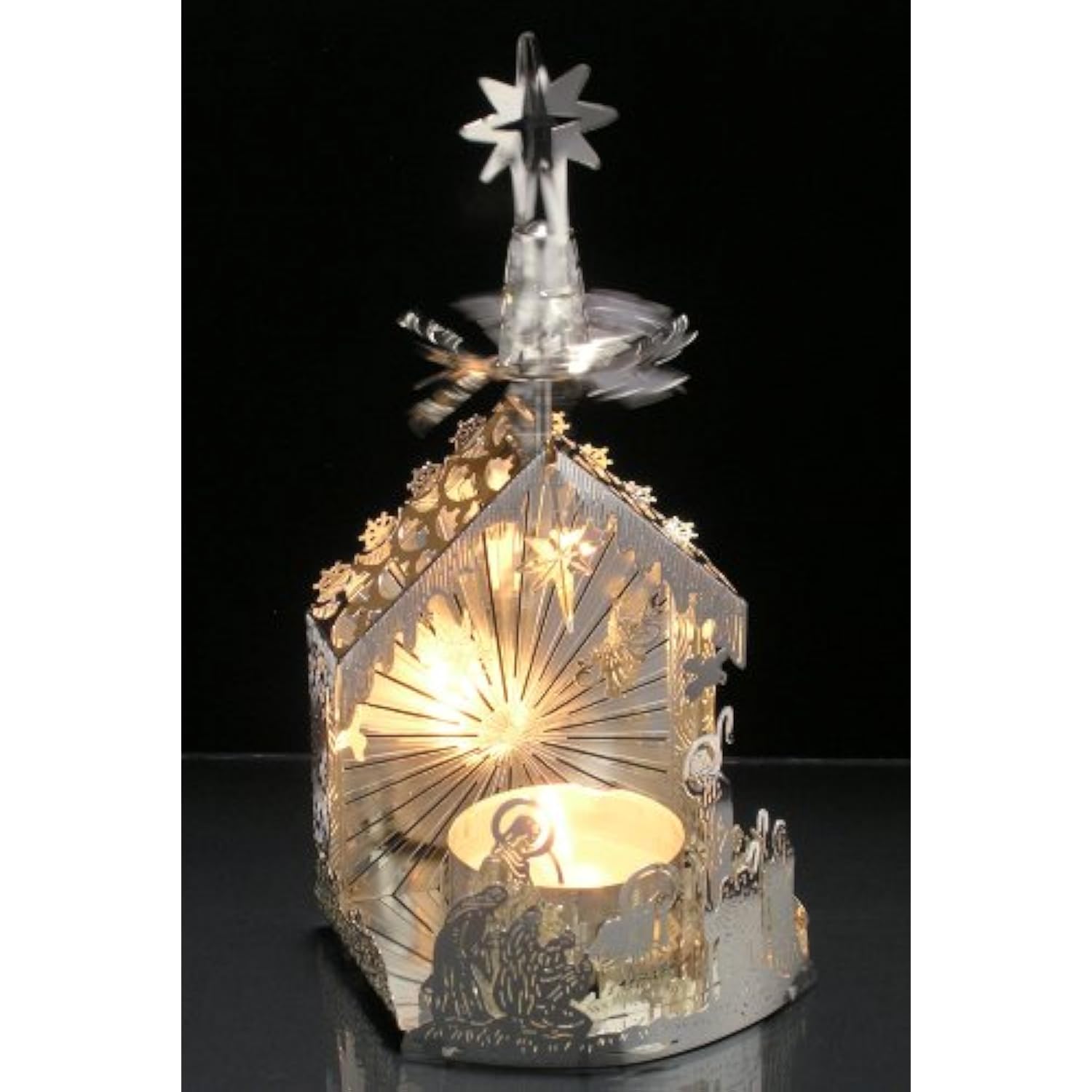 Nativity Christmas Spinning Stars Candleholder - Laser Cut Silver Plated Holy Family - Tea Light Candle Holder - Scandinavian Design - Measures 6" H X 2.75" W.