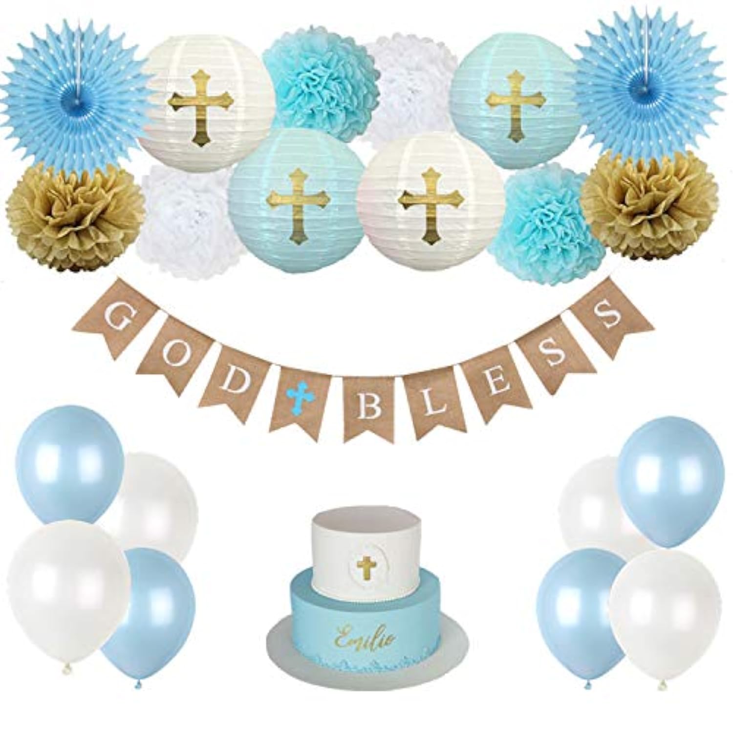 Baptism Decorations For Boys, First Communion Confirmation Decorations, God Bless Banner And Blue Party Decorations - Blue Set