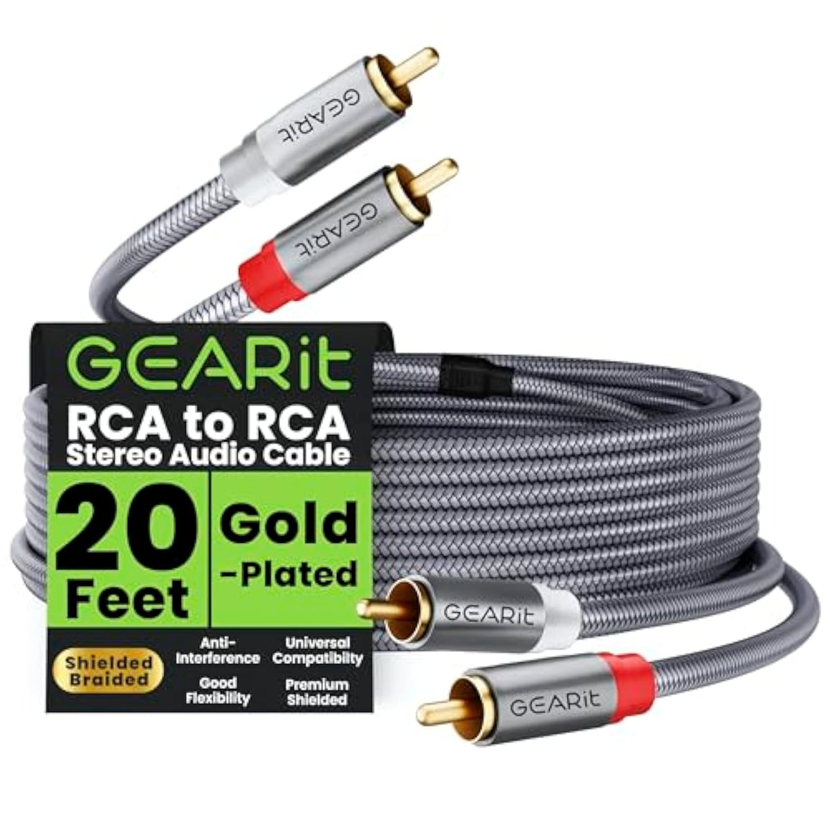 GearIT RCA Cable (20FT) 2RCA Male to 2RCA Male Stereo Audio Cables Shielded Br