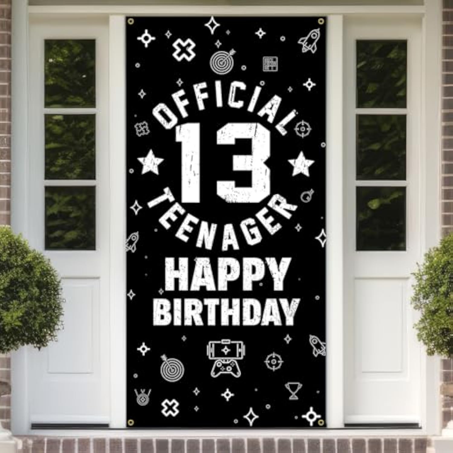 Official Teenager 13Th Birthday Decorations For Boys Girls - Fabric 13 Year Old Birthday Backdrop Banner, Yard Sign, Photo Props, Door Decor - Black White Birthday Party Supplies