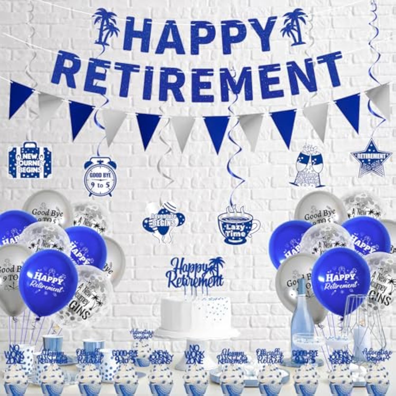 Retirement Party Decorations For Men Women, Blue Silver Happy Retirement Banner Balloons Cake Topper Hanging Swirls Kit, Blue Retired Sash For Coworker, Office Retired Party Supplies