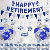 Retirement Party Decorations For Men Women, Blue Silver Happy Retirement Banner Balloons Cake Topper Hanging Swirls Kit, Blue Retired Sash For Coworker, Office Retired Party Supplies