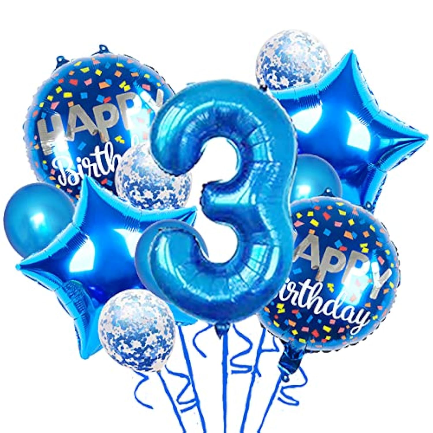 11 Pc Blue 3rd Birthday Foil Balloons & Confetti Balloon Set for Kids Party Decor