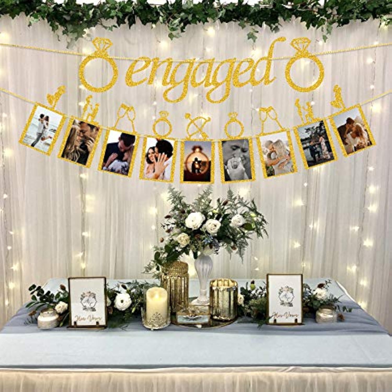 Engagement Wedding Decorations, Gold Engaged Banner And Photo Banner W