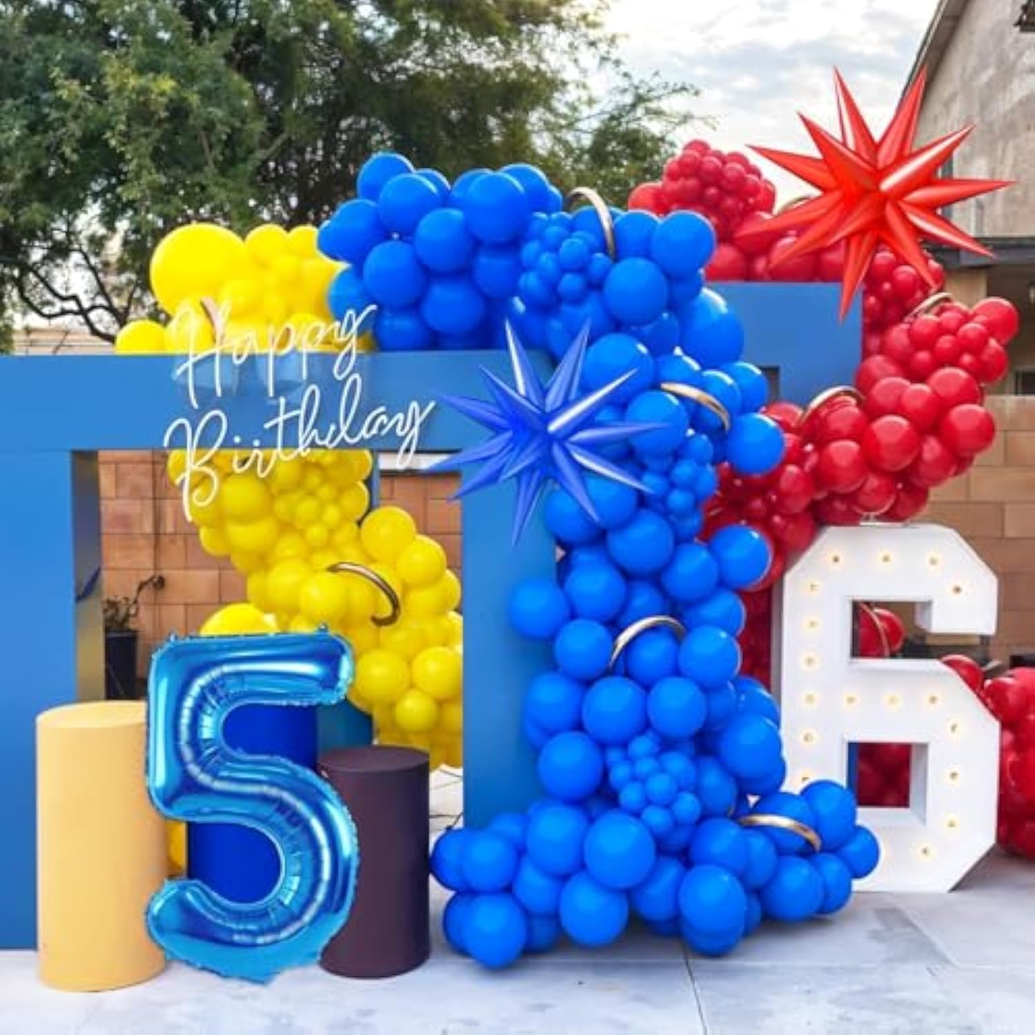 Red Yellow Blue Balloon Garland Arch Kit With Navy Blue 40 Inch Number 5 Balloon, 5Th Birthday Decorations For Boy With Star Foil Balloons For Kid 5 Year Old Theme Party Baby Shower Graduation