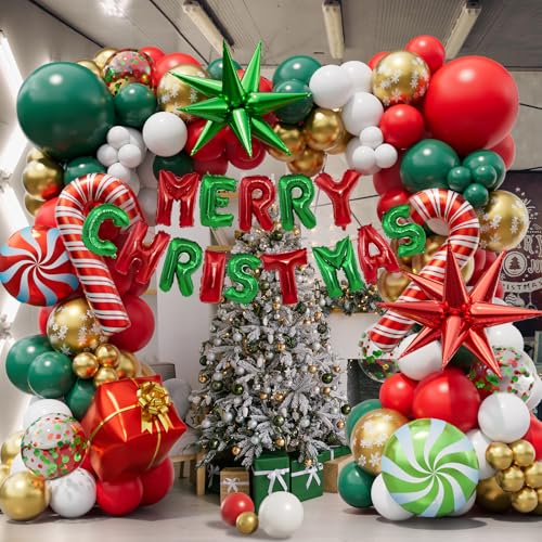Christmas Balloon Garland Arch kit with Merry Christmas Banner and Christmas Red White Green Cane Balloons Candy Balloons Gift Box Balloons Explosion Star Foil Balloons for Xmas Party Decorations