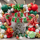 Christmas Balloon Garland Arch kit with Merry Christmas Banner and Christmas Red White Green Cane Balloons Candy Balloons Gift Box Balloons Explosion Star Foil Balloons for Xmas Party Decorations