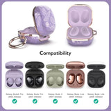 Tatify Case For Galaxy Buds - Pro, Live & 2 Series, Golden Leaf Hard Case With Carabiner, Supports Wireless Charging (Purple & Golden)