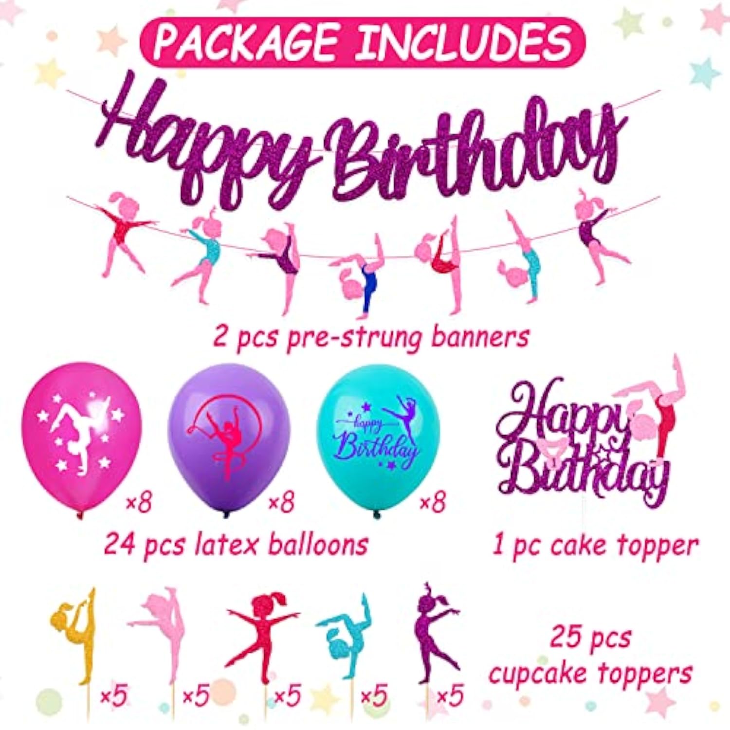 52 Pcs Gymnastics Birthday Decoration Set Gymnast Happy Birthday Banner Cake Topper 25 Cupcake Toppers Gymnastics Balloons For Girl Bday Glitter Party Supplies