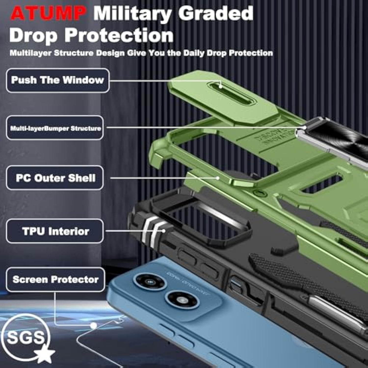 For Moto G 5G 2024 Case With [2Pcs] Hd Screen Protector, [Military Grade Shockproof] & Slide Camera Cover, 360° Rotated Ring Kickstand Protective Case For Moto G 5G 2024,Olive Green