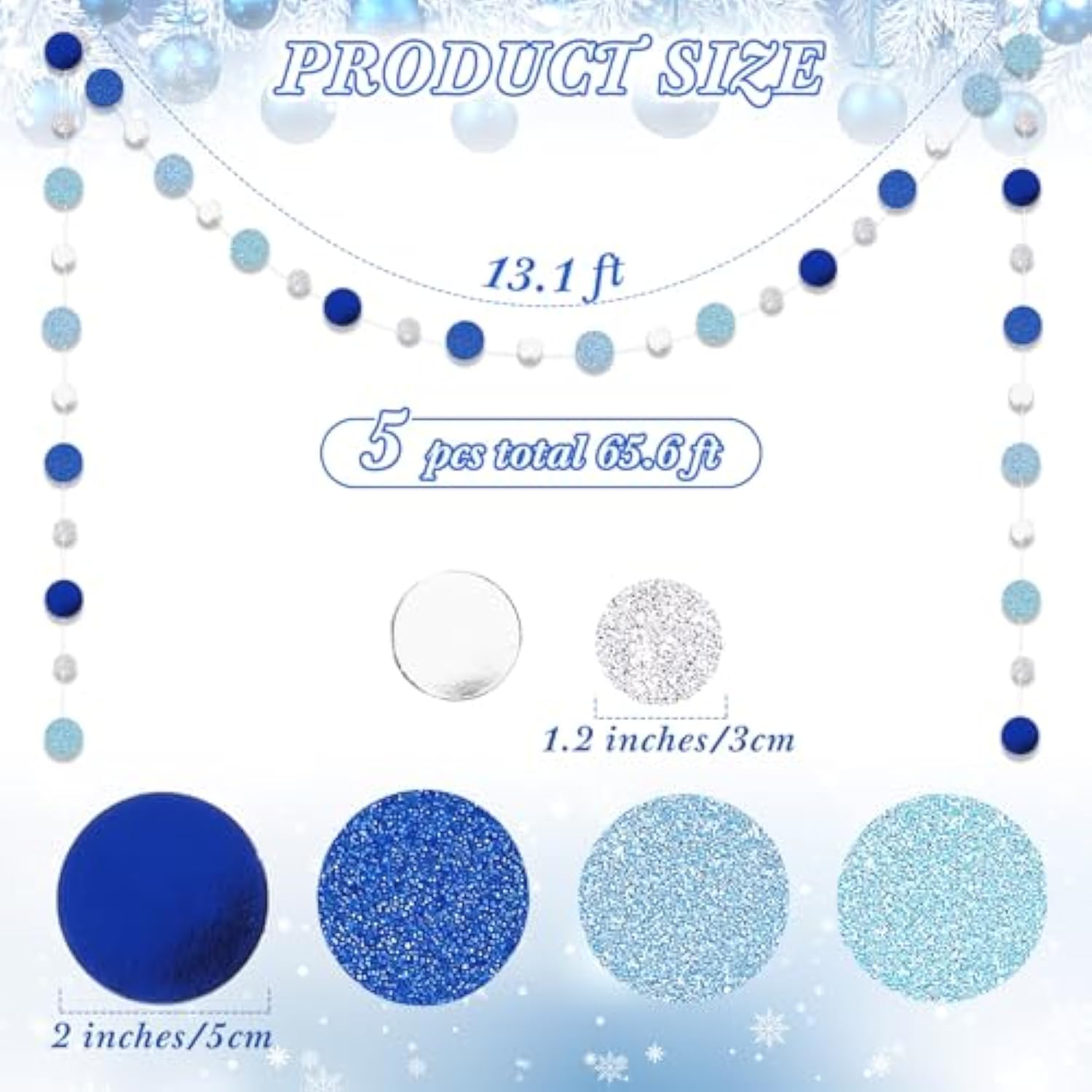 5 Pieces Round Dots Garland Hanging Party Decor Each Length 13.1Ft Glitter Paper Dot Streamers For Birthday Wedding Baby Shower Classroom Halloween Christmas (Silver,Blue)