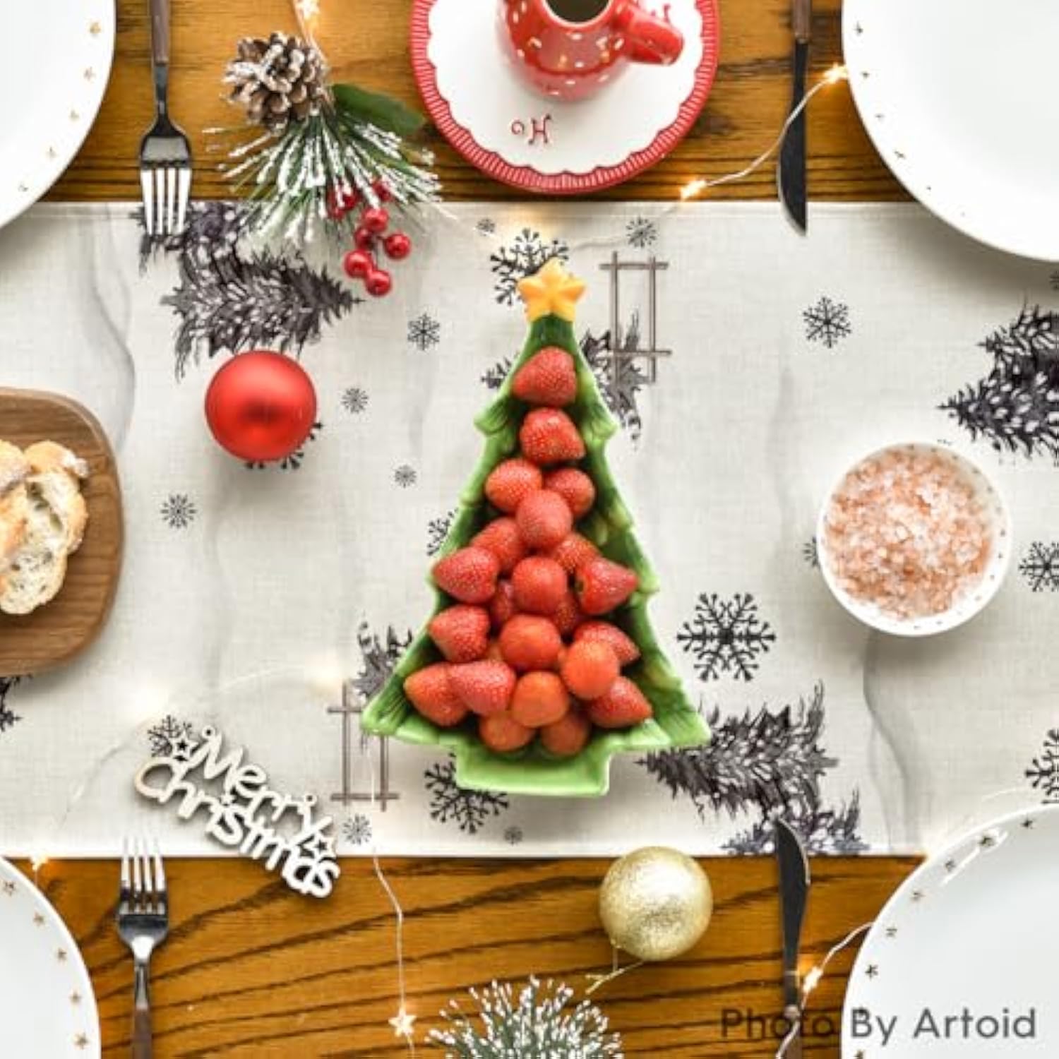 Xmas Trees Let It Snow Black Snowman Christmas Table Runner, Seasonal Winter Holiday Kitchen Dining Table Decoration For Home Party Decor 13X60 Inch