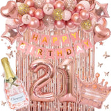 21St Birthday Decorations For Her - Rose Gold Party Supplies For Women Girls, Pink Happy Banner, Fringe Curtain, Butterfly Balloons