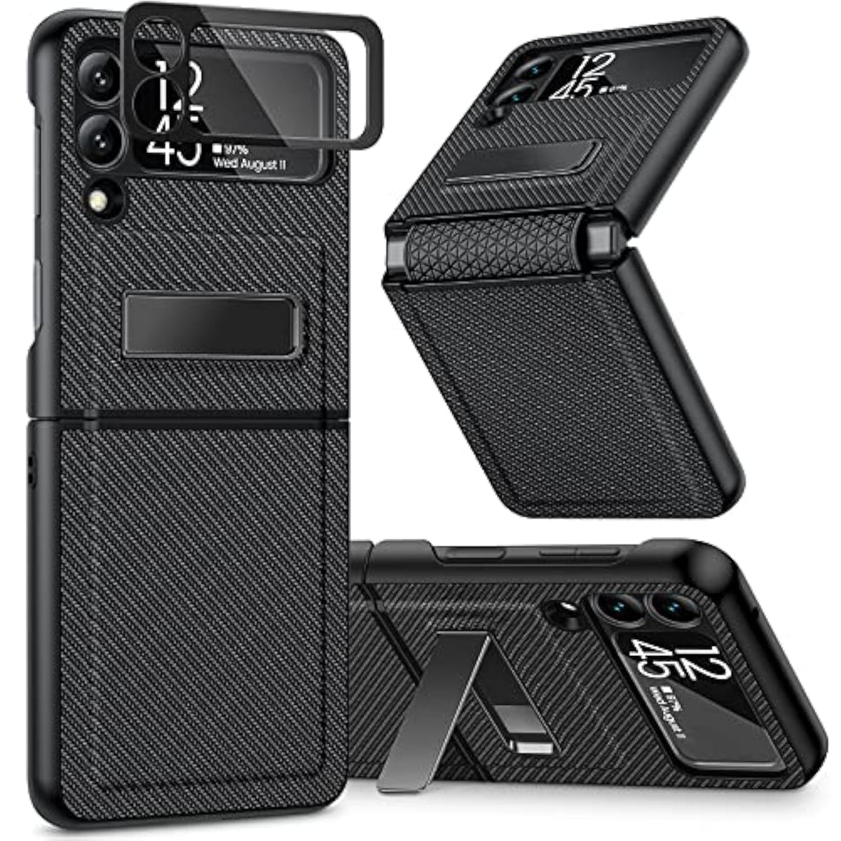 Compatible For Galaxy Z Flip 3 5G Kickstand Case, Z Flip 3 Case With Camera Protector Hinge Protection Wireless Charging Cover For Samsung Galaxy Z Flip 3 (Carbon Fiber Black)