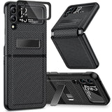 Compatible For Galaxy Z Flip 3 5G Kickstand Case, Z Flip 3 Case With Camera Protector Hinge Protection Wireless Charging Cover For Samsung Galaxy Z Flip 3 (Carbon Fiber Black)