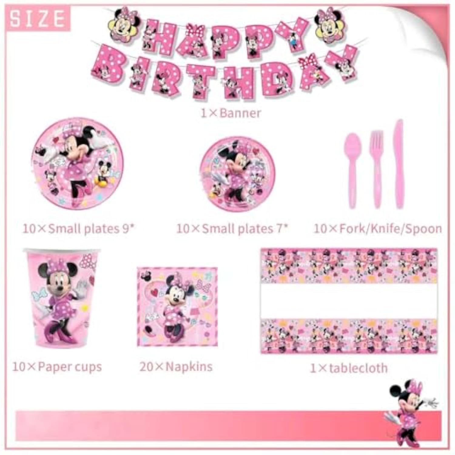 62 Psc For Minnie Birthday Party Supplies Set, Pink Theme, With Banner, Plates, Cups, Utensils, Napkins, Tablecloth