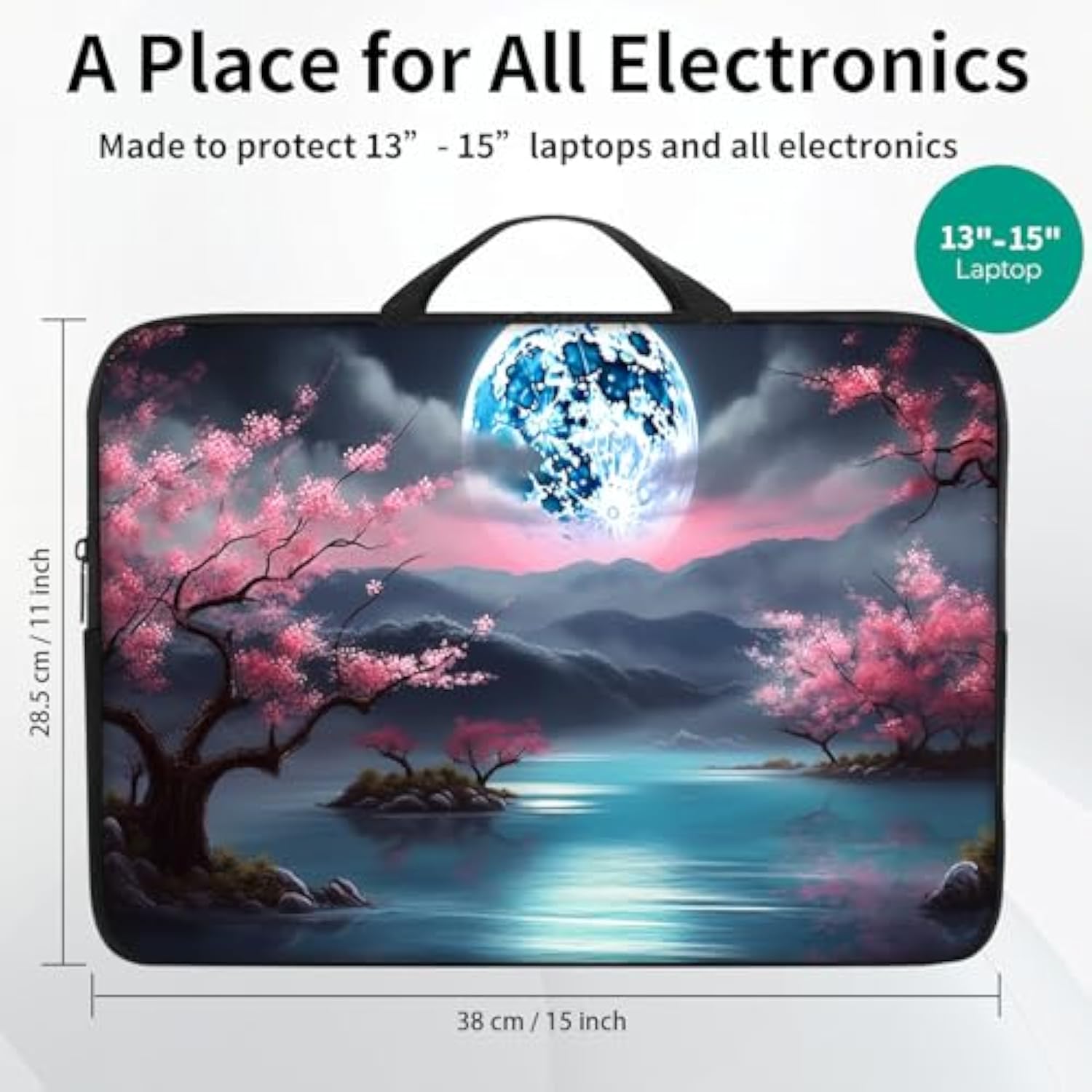 13-15 Inch Laptop Sleeve Compatible With Macbook Air 13-15 Inch, Slim Lightweight Shockproof Foam Soft Inner Lining Laptop Case Cute Travel Laptop Sleeve For Dell/Hp, Sakura Moon