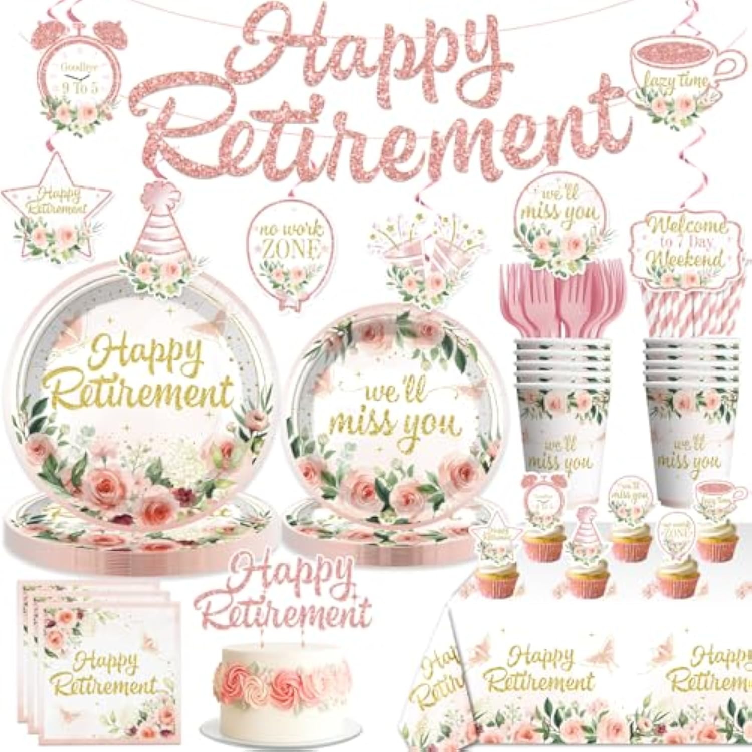 152Pcs Floral Retirement Decorations For Women Tableware Set, 20 Serves Disposable Retirement Plates And Napkins Sets, With 2Pcs Tablecloth, Pre-Strung Banner For We Will Miss You Decorations