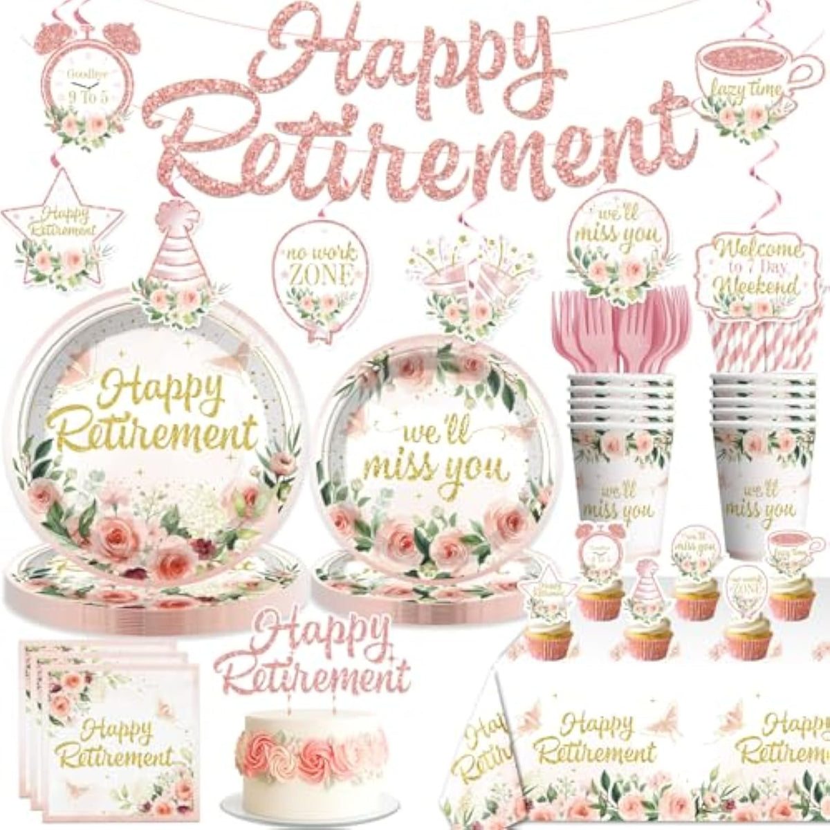 152Pcs Floral Retirement Decorations For Women Tableware Set, 20 Serves Disposable Retirement Plates And Napkins Sets, With 2Pcs Tablecloth, Pre-Strung Banner For We Will Miss You Decorations