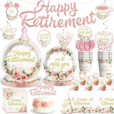 152Pcs Floral Retirement Decorations For Women Tableware Set, 20 Serves Disposable Retirement Plates And Napkins Sets, With 2Pcs Tablecloth, Pre-Strung Banner For We Will Miss You Decorations