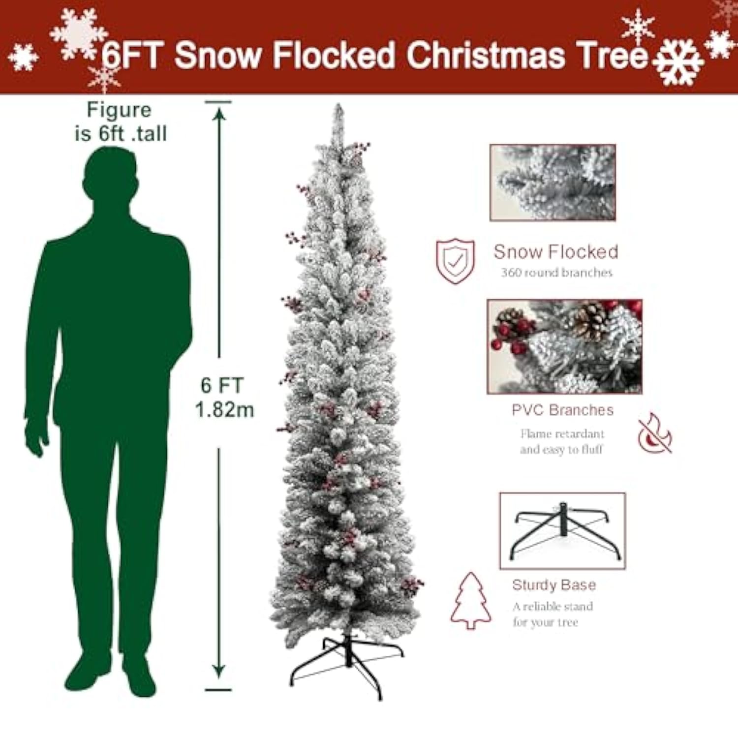 6Ft Pencil Snow Flocked Christmas Tree, Artificial Full Appearance Holiday Decoration Tree, Slim Skinny Xmas Tree With 316 Snow Flocked Tips & For Indoor Home Party Decor