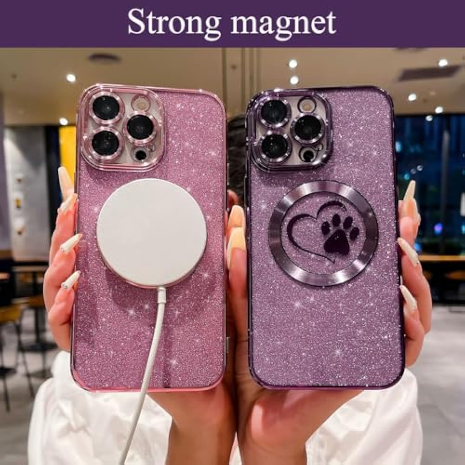 Compatible For Iphone 14 Pro Max Case Glitter Clear Paw Love Heart [ Compatible With Magsafe ] [ Strong Magnetic ], Full Camera Lens Protection Soft Slim Thin Cute Phone Case - Purple
