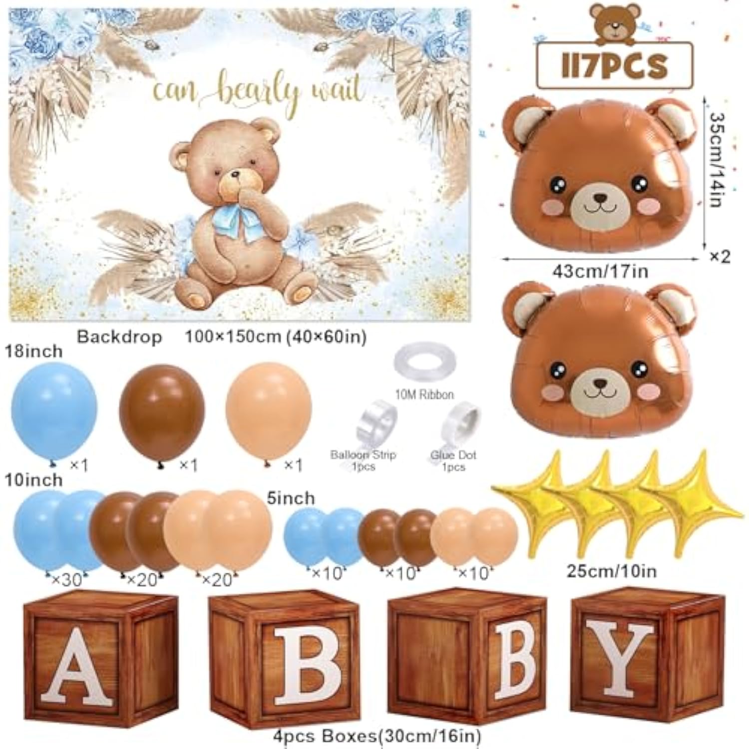 117pcs Teddy Bear Baby Shower Decor Blue Brown Balloon Garland & Backdrop Kit