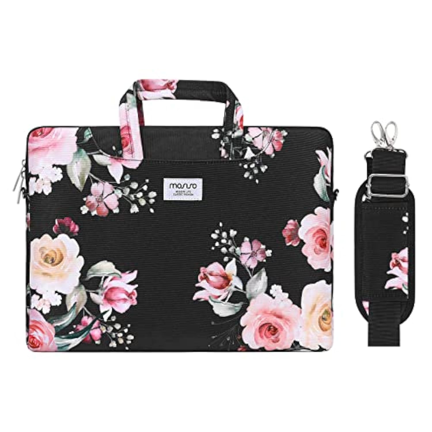 MOSISO Laptop Shoulder Bag Compatible with MacBook Air 15 inch M3 M2/Pro 16 M4 M3 M2 M1 2025-2019, 15-15.6 inch Notebook, Lisianthus Flower Briefcase Sleeve with Belt, Black