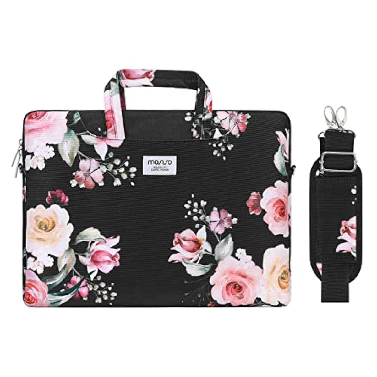 MOSISO Laptop Shoulder Bag Compatible with MacBook Air 15 inch M3 M2/Pro 16 M4 M3 M2 M1 2025-2019, 15-15.6 inch Notebook, Lisianthus Flower Briefcase Sleeve with Belt, Black