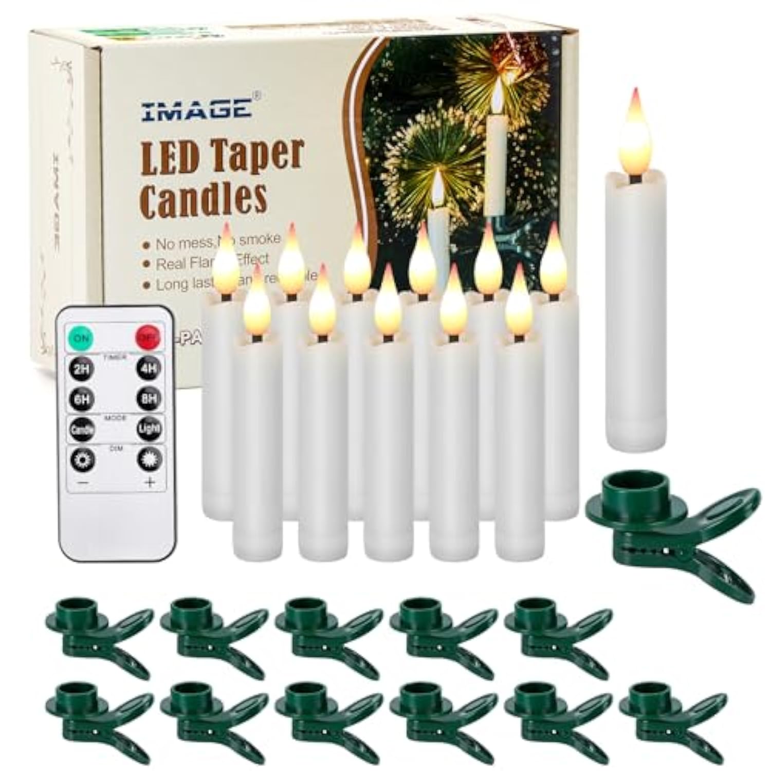 12Pcs Led Taper Candles Light Set Flameless 3D Wick Ivory Candles With Clip-On Christmas Tree Design, 10-Key Remote With Timer, Warm White Light, Battery Operated For Versatile Decoration