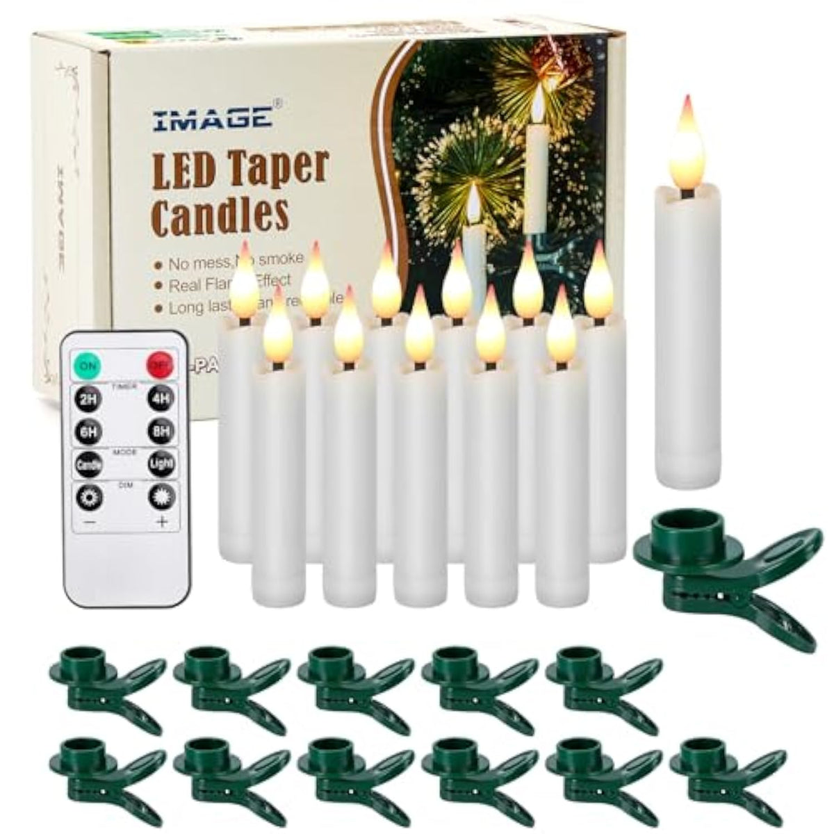 12Pcs Led Taper Candles Light Set Flameless 3D Wick Ivory Candles With Clip-On Christmas Tree Design, 10-Key Remote With Timer, Warm White Light, Battery Operated For Versatile Decoration
