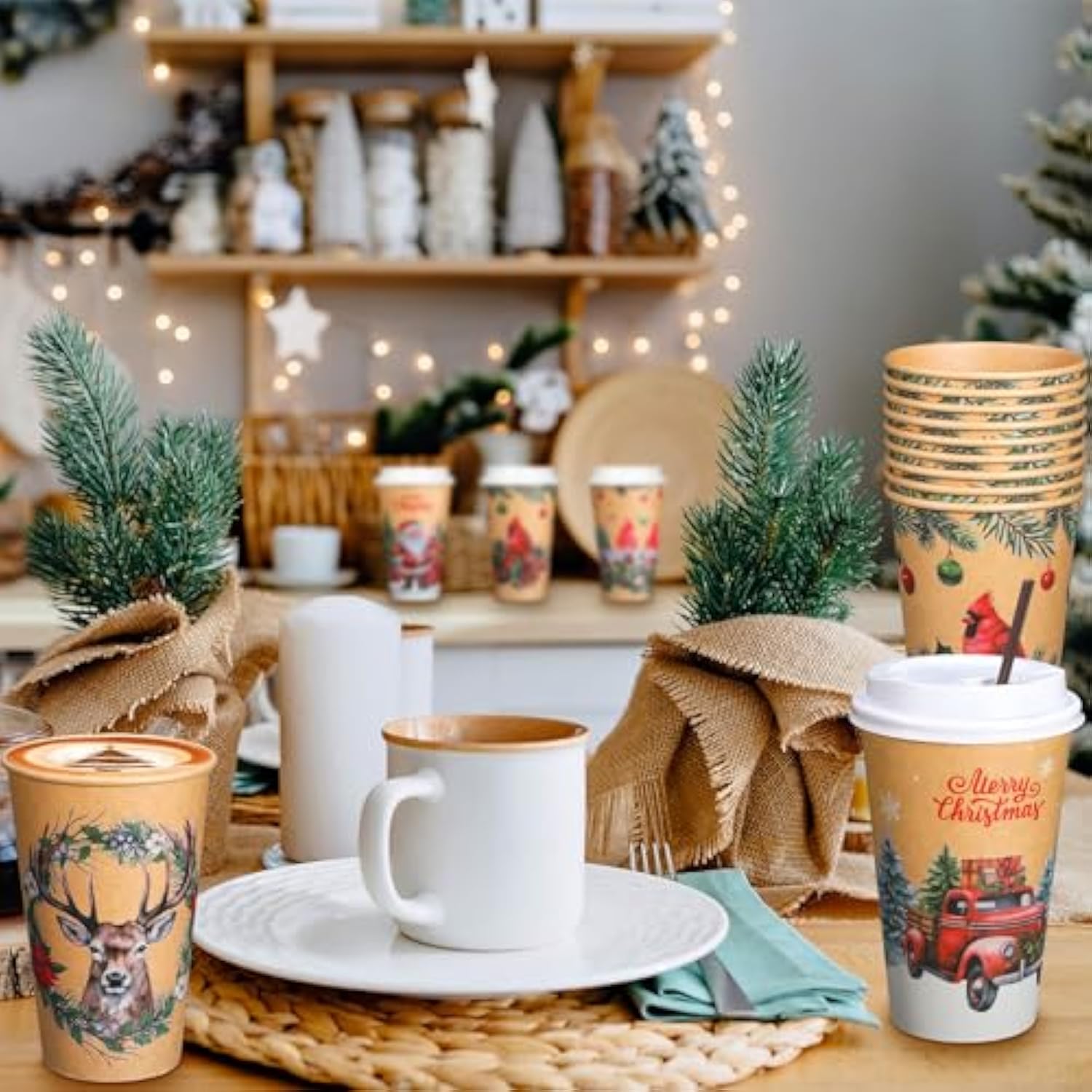 50 Pack Vintage Christmas Coffee Cups 16 Oz With Lids & Straws, Disposable Paper Hot Cocoa & Hot Chocolate Cups, Bulk Holiday Party Supplies For Winter Events, Merry Christmas Designs