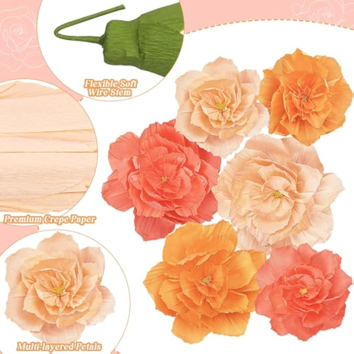 6 Pieces Large Paper Artificial Flowers 3D Crepe Tissue Flower Wall Decor For Wedding Birthday Bachelorette Bridal Shower Backdrop Table Centerpieces Party Supplies, Peach Pink, Ivory