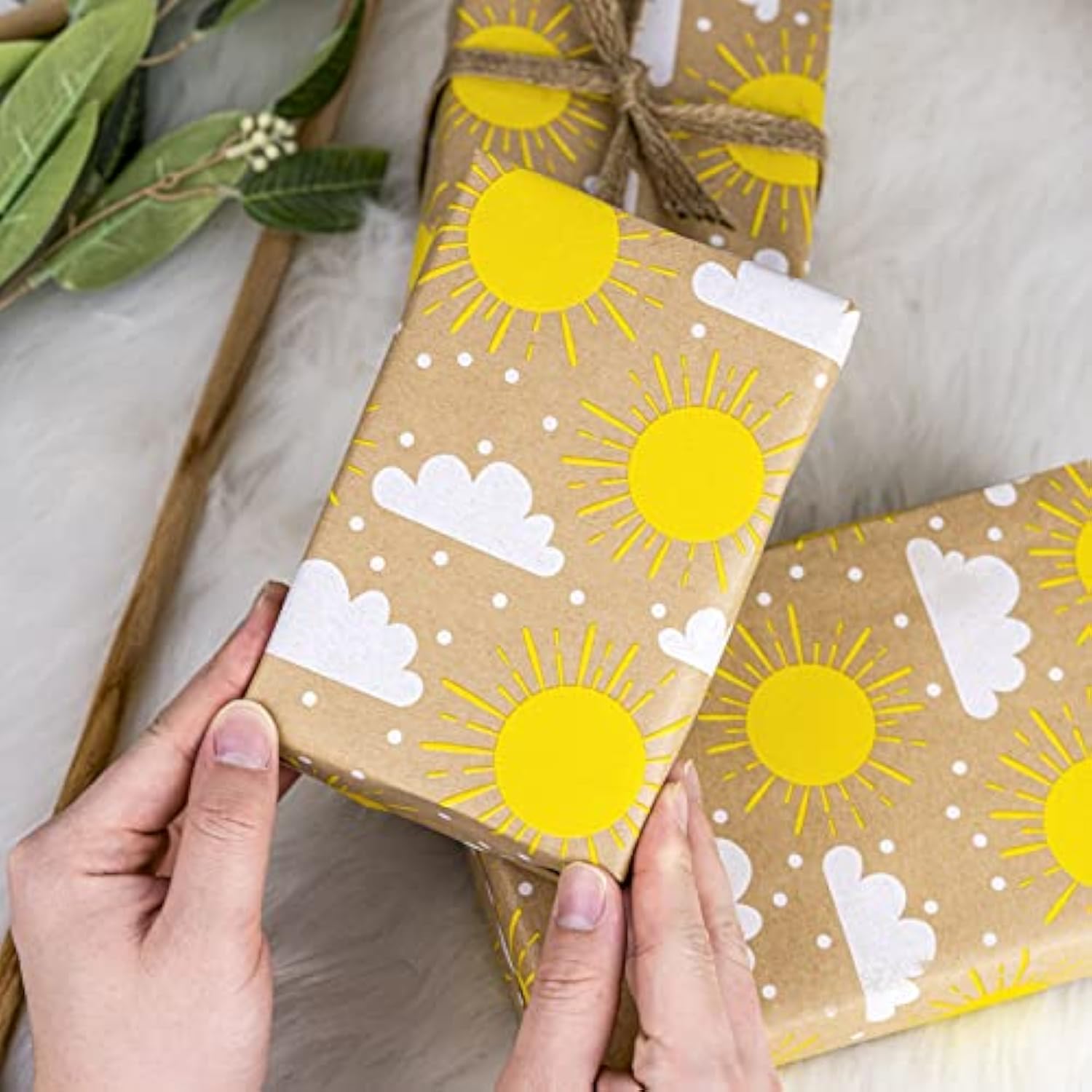 Kraft Wrapping Paper Roll - Mini Roll - Sun And Cloud Design Great For Birthday, Party, Baby Shower - 17 Inches X 32.8 Feet