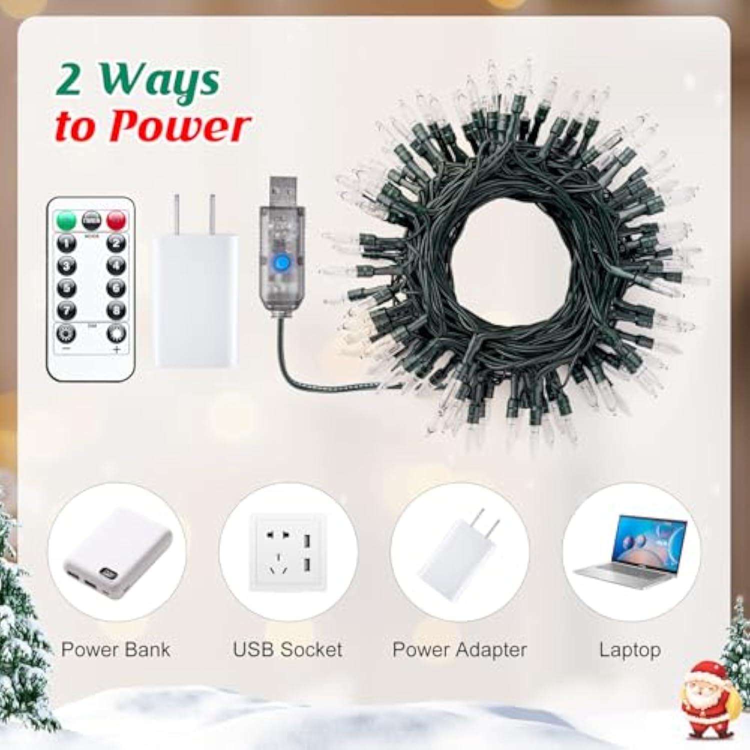 Led Christmas Lights For Indoor,39 Ft 100 Led Christmas Tree Lights With Remote, Usb Plug, Adapter, Warm White Mini Stri