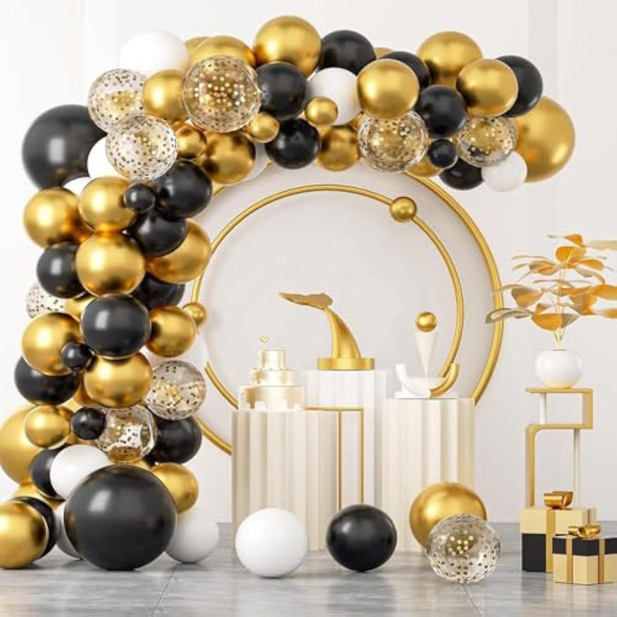 Archloon Black And Gold Balloons Arch Kit, 134Pcs Black And Gold Balloon Garland Kit With Black White Metallic Gold Confetti, Balloons Arch Kit For Graduation, Baby Shower, Birthday And Wedding…