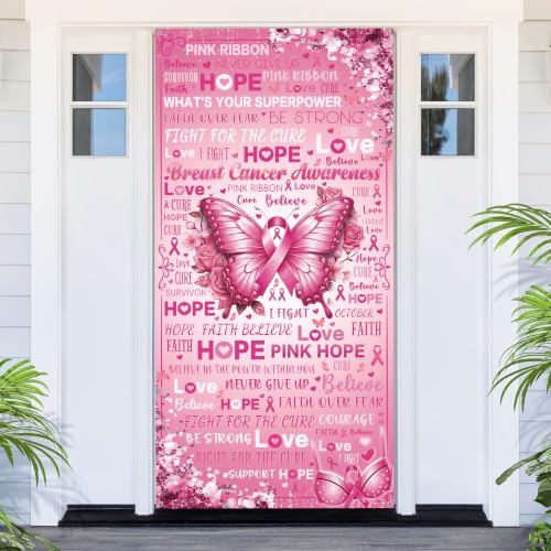 Breast Cancer Awareness Door Banner Butterfly Pink Ribbon Hope Love Decor