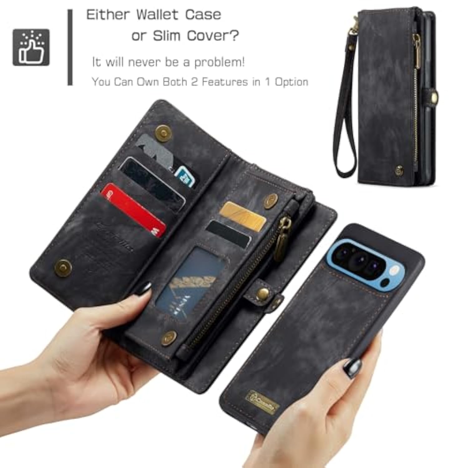 Pixel 9 Pro XL Wallet Case, Leather Zipper Folio, Card Holder, Wrist Strap - Black