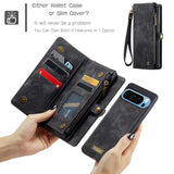 Pixel 9 Pro XL Wallet Case, Leather Zipper Folio, Card Holder, Wrist Strap - Black