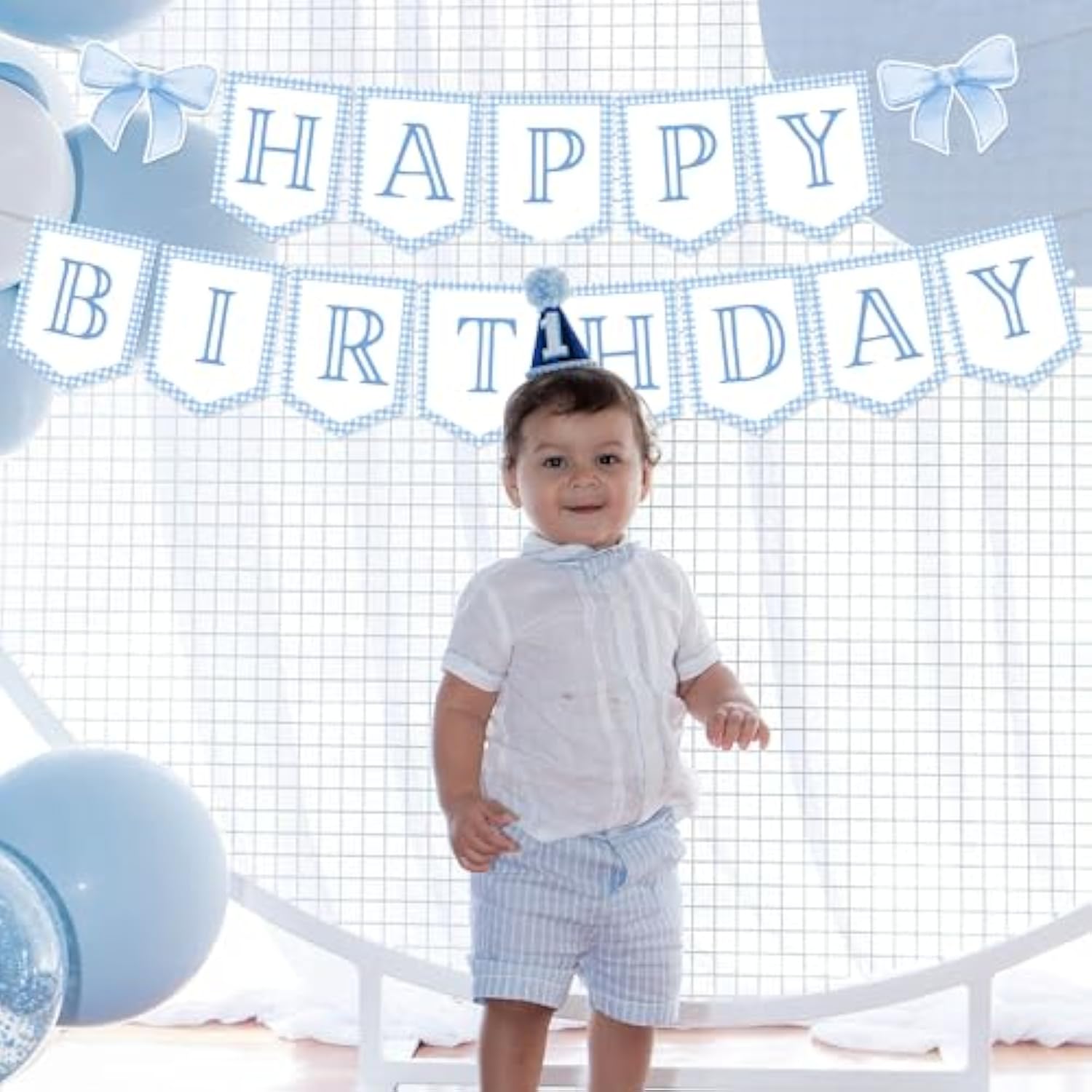 Blue Gingham Coquette Bow Theme Party Banner - Neutral Preppy Grandmillennial Decoration For 1St Birthday