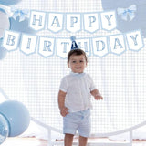 Blue Gingham Coquette Bow Theme Party Banner - Neutral Preppy Grandmillennial Decoration For 1St Birthday