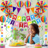 Happy Birthday Party Decorations Pack With Rainbow Happy Birthday Banner, Honeycomb Balls, Circle Dot Garland, Paper Bunting Banner, Paper Fans And Hanging Swirls Streamers