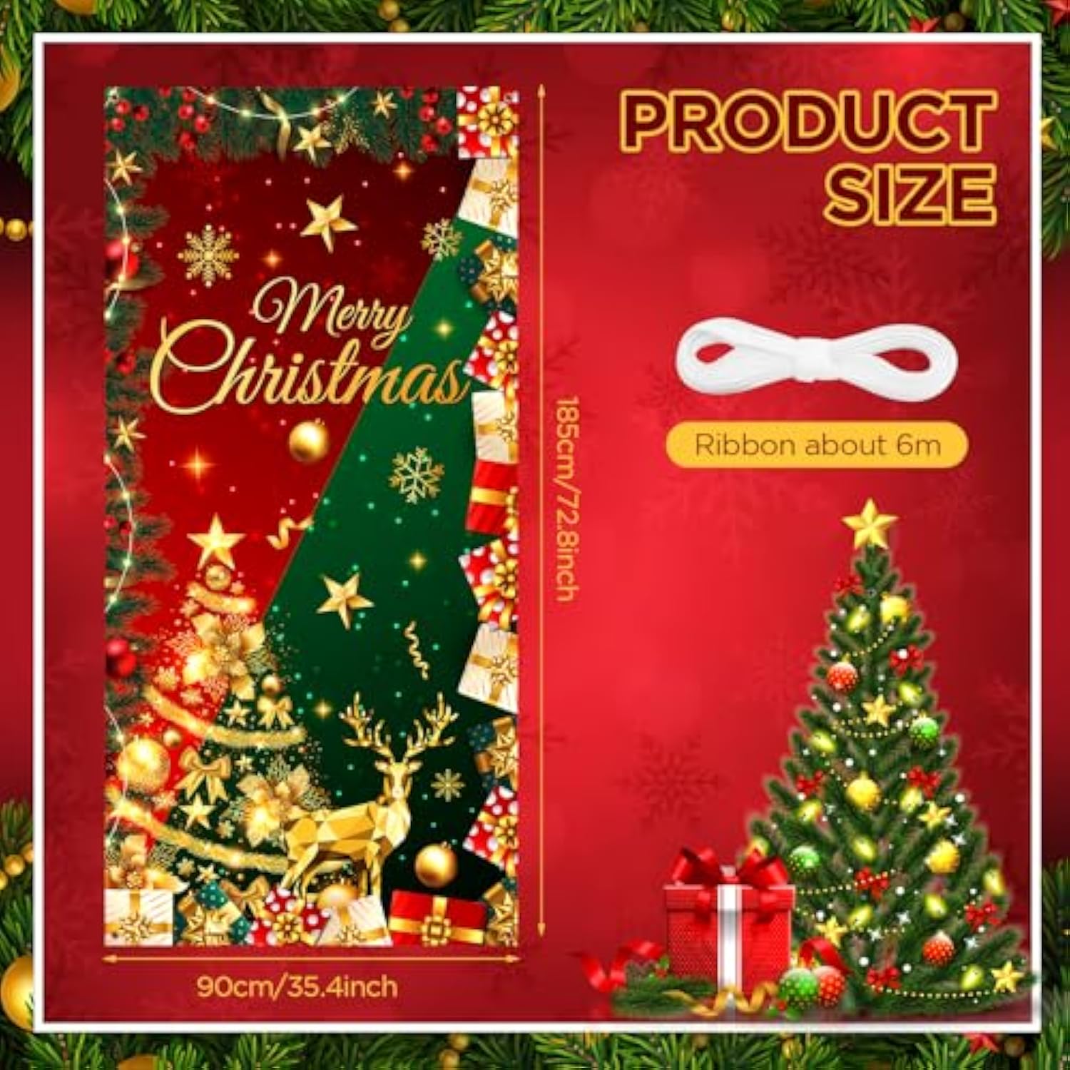 Red Green Christmas Door Cover Merry Christmas Door Decorations Banner Glitter Christmas Tree Elk Snowflake Porch Sign Backdrop Background For Christmas New Year Winter Holiday Party Decor Supplies