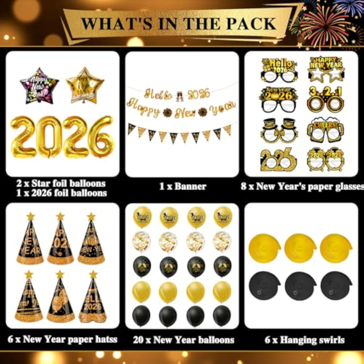 2026 New Year Party Set in Gold and Black with Banner, Balloons, and Party Accessories