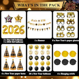 2026 New Year Party Set in Gold and Black with Banner, Balloons, and Party Accessories