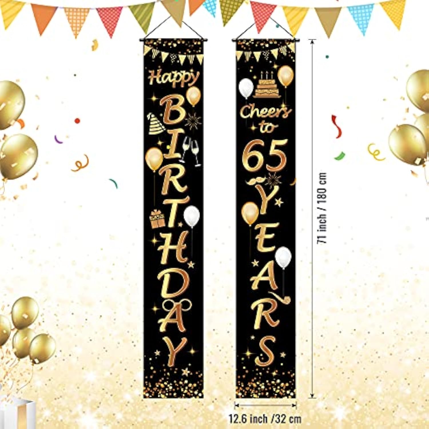65th Birthday Porch Banners: Black & Gold Cheers to 65 Years