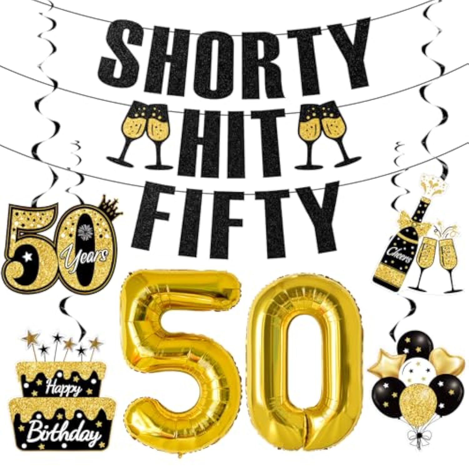 50th Birthday Decorations for Women Black Gold Banner Balloons & Party Swirls