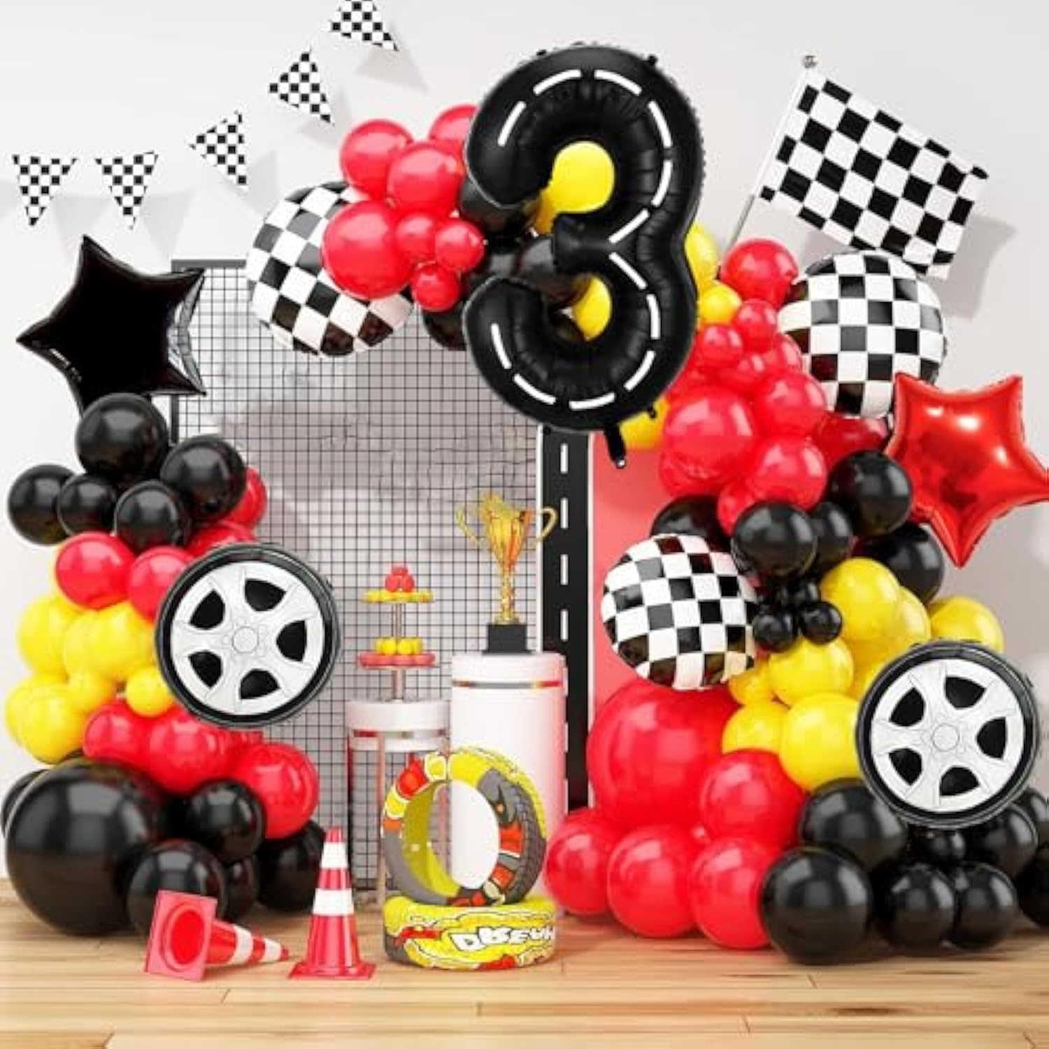 Race Car Birthday Balloons Decorations, 40 Inch Racetrack Black Number 3 Balloon, Large Mylar Black 3 Balloon For 3St Birthday Race Car Theme Party Decor Supplies 7 Pcs