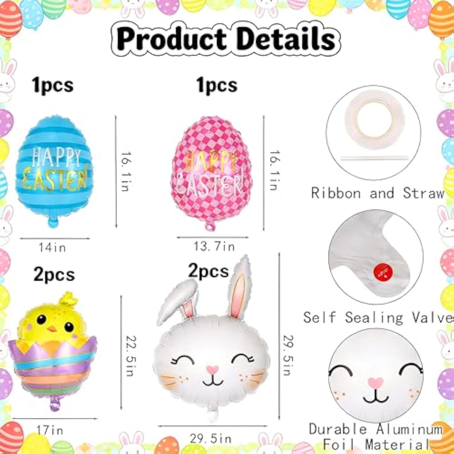 Easter Balloons Set, 6 Pcs Foil Bunny Egg Chicken Balloons, Rabbit Head Mylar Balloon For Birthday Easter Spring Theme Party Decoration (6 Pcs Bunny Egg Chicken Set)